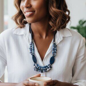Chicos Navy Blue Beaded Necklace Long Leather Tassel Charm Style